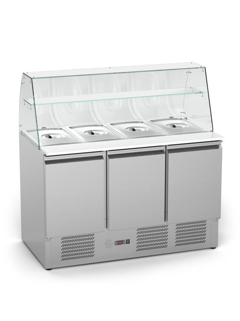 Saladette - 3 portes - H 85 x 136,5 x 70 CM - 368 Litres - Acier Inoxydable - Construction en verre - G-Line