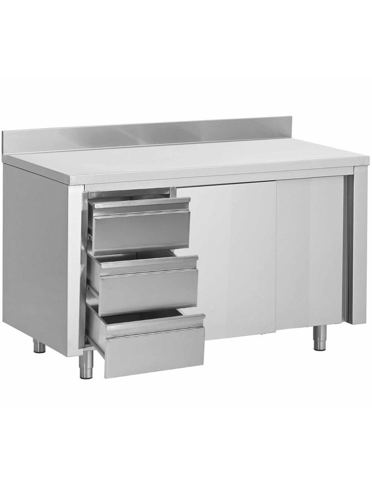 Table de Travail Inox Fermée - Portes Coulissantes - Caisson à Tiroirs Gauche - Bloc de Bord Montant 10 CM - G-Line